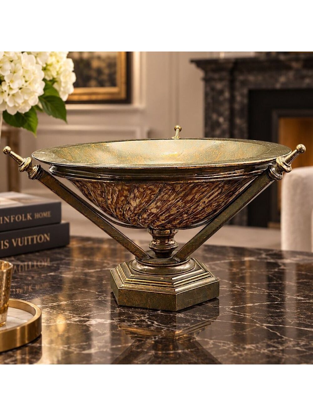 Vintage heavy Large Ornate Pedestal Centerpiece Bowl Neoclassical 14" Decor